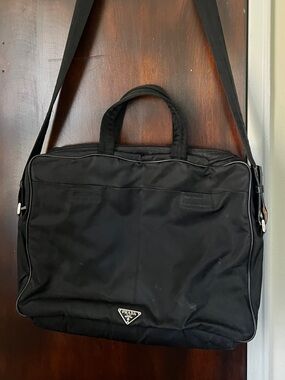 Prada Black Nylon Laptop Briefcase with Top Handles and Shoulder Strap